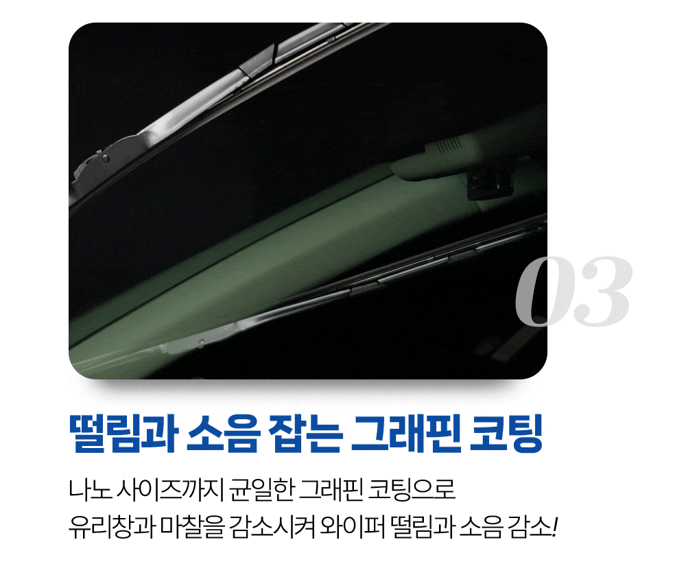 나노 사이즈까지 균일한 그래핀 코팅으로 유리창과 마찰을 감소시켜 와이퍼 떨림과 소음을 감소시켜줍니다.